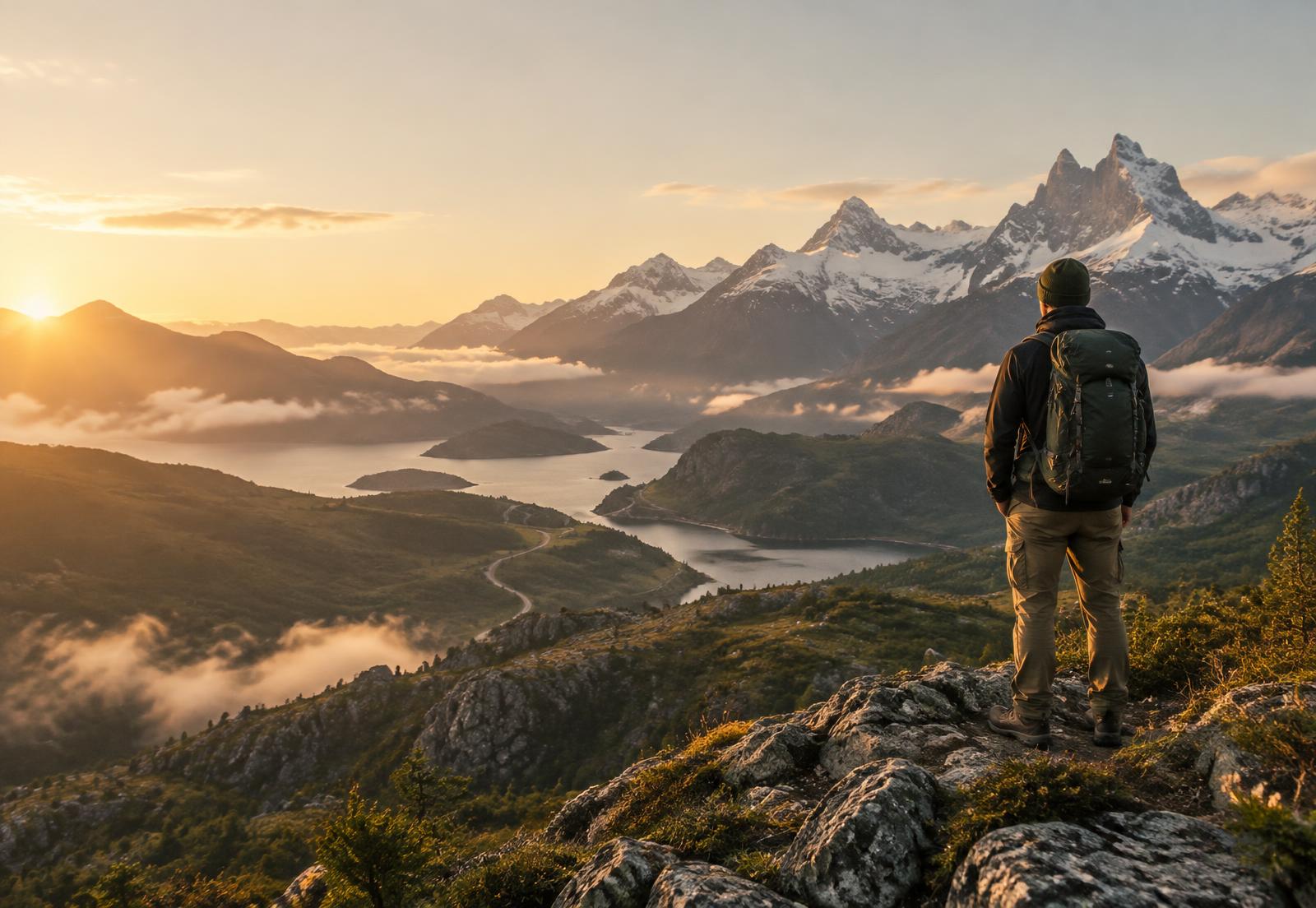 Viajante com mochila diante de montanhas nevadas ao amanhecer